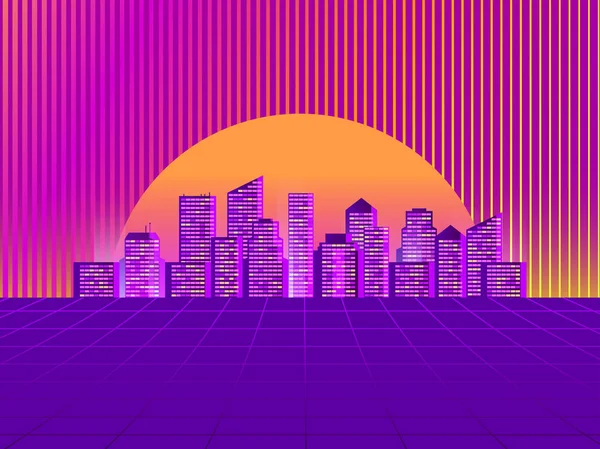 Cidade futurista retro no estilo dos anos 80. Estilo cyberpunk e retrowave. A paisagem urbana da futura megapolis contra o pano de fundo do pôr do sol. Ilustração vetorial —  Vetores de Stock