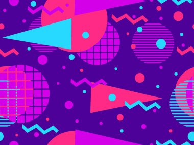 80 lerin memphis tarzda geometrik seamless modeli. Menekşe tonları. Vektör çizim