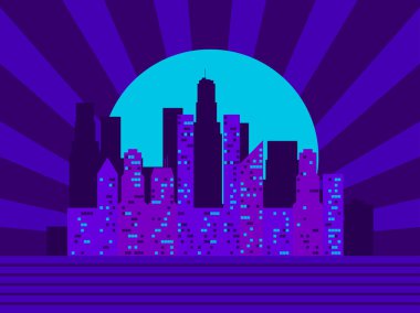 Cityscape gökdelenler 80 lerin tarzı ile. Retro fütürizm. Şehir günbatımı. Işık içinde pencere eşiği. Vektör çizim
