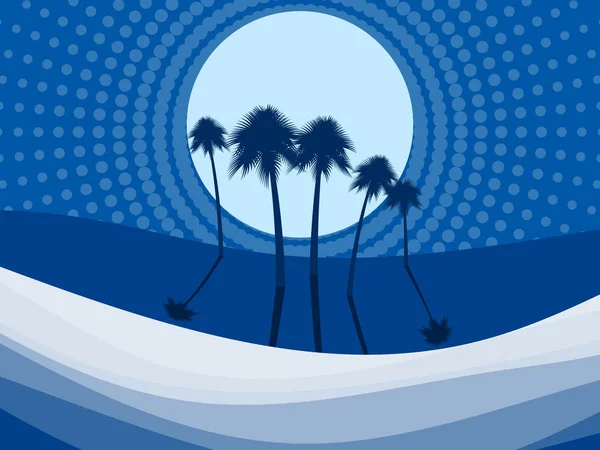 Paisaje nocturno con palmeras en la playa. Puntos en el estilo del pop art. Ilustración vectorial — Vector de stock