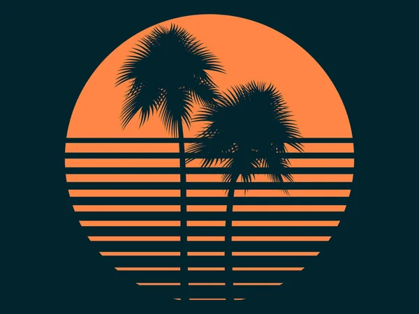 Тропические пальмы на солнце. Летний закат. Печать дизайн для футболки. Векторная иллюстрация — стоковый вектор