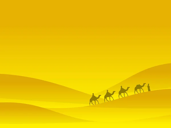 Caravana no deserto. As pessoas em camelos movem-se em dunas de areia. Paisagem do deserto. Ilustração vetorial — Vetor de Stock