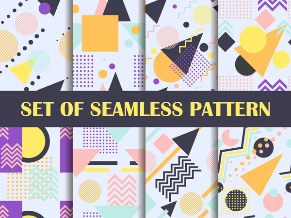 Memphis seamless pattern set. Geometric elements memphis in the style of 80's. Pastel colors. Vector illustration — Stock Vector