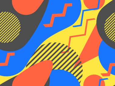 80'lerin memphis tarzında soyut geometrik dikişsiz desen. Ambalaj kağıdı, baskı, kumaş ve baskı için arka plan. Vektör çizimi