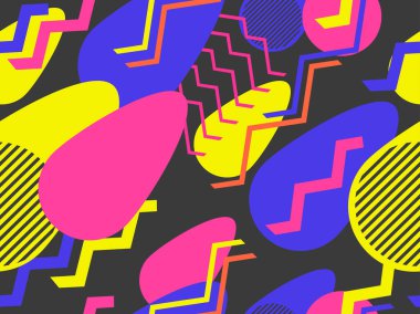 80'lerin memphis tarzında soyut geometrik dikişsiz desen. Ambalaj kağıdı, baskı, kumaş ve baskı için arka plan. Vektör çizimi