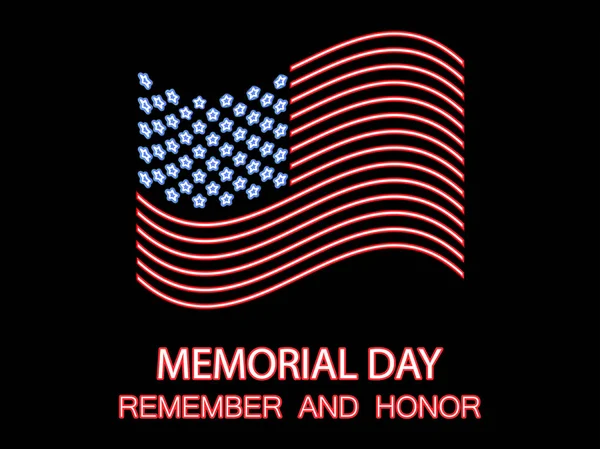 Día de los Caídos. Recuerda y Honra. Bandera de neón de los Estados Unidos. Señal brillante. Ilustración vectorial — Archivo Imágenes Vectoriales
