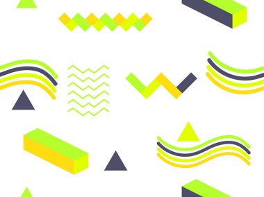 Memphis kusursuz desen. Geometrik elemanlar 80'li yıllarda memphis. Promosyon malzemeleri, kartpostallar, afiş ve ambalaj kağıdı için arka plan. Vektör çizimi