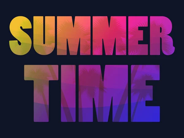 Hora de verano. Texto con palmeras sobre fondo negro. Gradiente amarillo y púrpura. Ilustración vectorial — Archivo Imágenes Vectoriales
