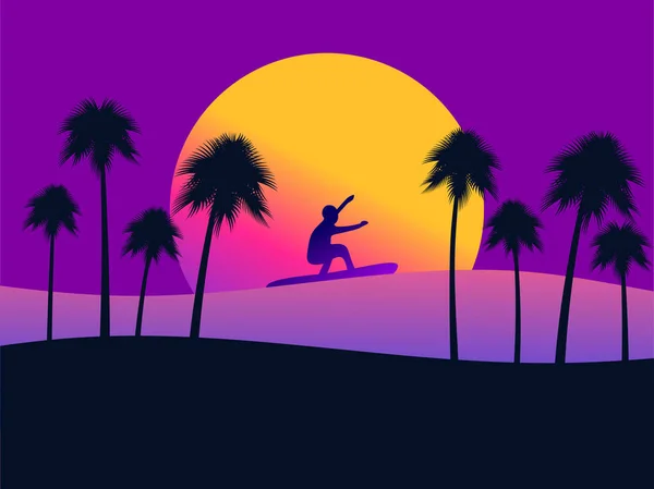 Fondo de verano con un surfista y palmeras sobre un fondo al atardecer. Gradiente amarillo y púrpura. Ilustración vectorial — Vector de stock