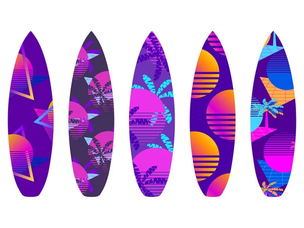 Tablas de surf sobre fondo blanco. Tipos de tablas de surf con un patrón. Ilustración vectorial — Vector de stock