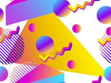 Beyaz bir arka plan üzerinde sıvı degrade ile geometrik dikişsiz desen. Üçgenler, daireler ve noktalar. Vektör çizimi