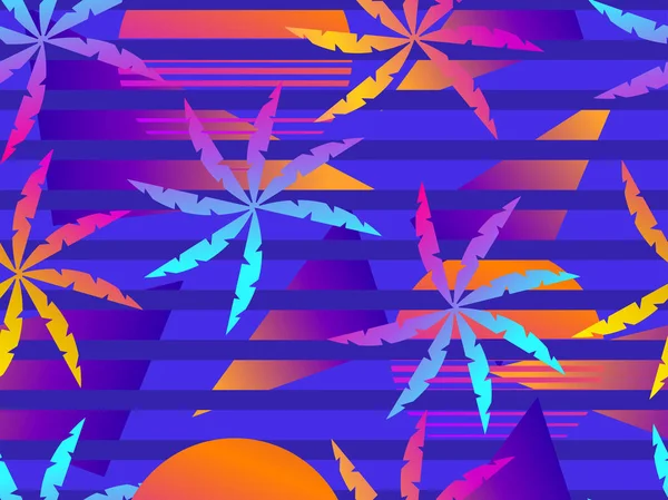 Patrón sin costuras con palmeras y el sol, degradado de colores en el estilo de los años 80. Fondo retro rayado de verano. Ilustración vectorial — Vector de stock