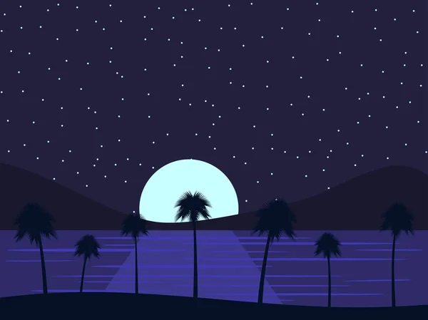 Paisaje nocturno con palmeras y el mar, luz de luna sobre el agua y el cielo estrellado. Paraíso tropical. Ilustración vectorial — Vector de stock