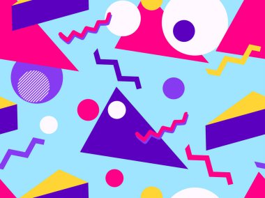 80'lerin geometrik dikişsiz desen tarzı. Üçgenler, daireler ve noktalar. Ambalaj kağıdı, baskı, kumaş ve baskı için arka plan. Vektör çizimi