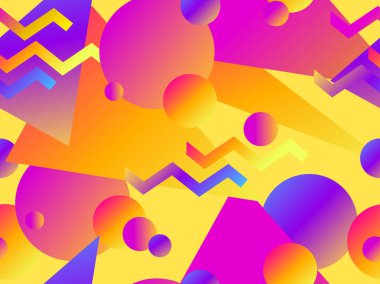 Sıvı degradeile geometrik dikişsiz desen. Üçgenler, daireler ve noktalar. Modaya uygun arka plan. Vektör çizimi