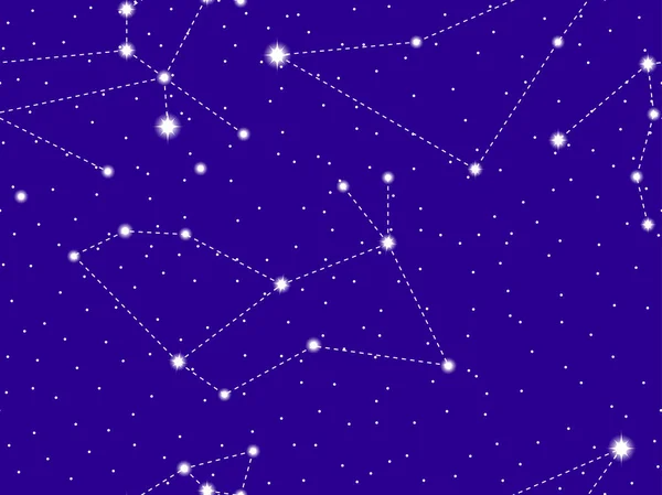 Céu estrelado sem emenda com as constelações de Indus, Leo e Lepus. Conjunto de estrelas e galáxias. Espaço profundo. Ilustração vetorial —  Vetores de Stock