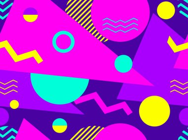 80'lerin geometrik dikişsiz desen tarzı. Üçgenler, daireler ve noktalar. Ambalaj kağıdı, baskı, kumaş ve baskı için arka plan. Vektör çizimi