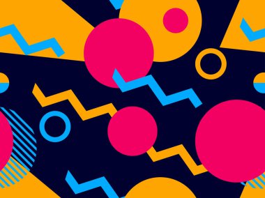 80'lerin geometrik dikişsiz desen tarzı. Üçgenler, daireler ve noktalar. Ambalaj kağıdı, baskı, kumaş ve baskı için arka plan. Vektör çizimi