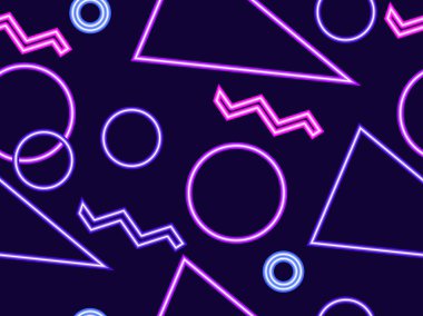 80'lerin memphis tarzıparlayan neon geometrik şekiller ile dikişsiz desen. Retrowave' e göre. Vektör çizimi