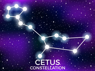 Cetus takımyıldızı. Starry gece gökyüzü. Yıldızlar ve galaksiler kümesi. Derin boşluk. Vektör Illustration
