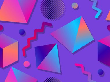 Memphis Dikişsiz desen. 80 ' lerin tarzında geometrik şekiller, izometrik. Baskı için arka plan. Vektör Illustration