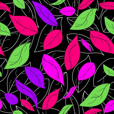 Siyah arka plan üzerinde renkli yaprakları dikişsiz desen. Sonbahar moda arka plan. Vektör çizimi