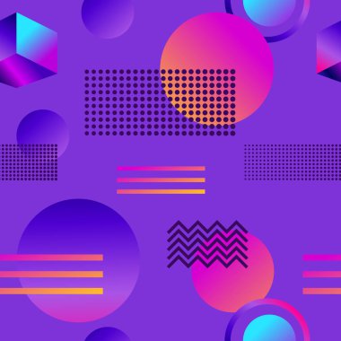 Memphis kusursuz desen. 80'li yıllarda degrade ile geometrik şekiller. Vektör çizimi