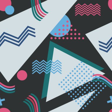 Memphis kusursuz desen. Geometrik elemanlar 80'li ve 90'lı yıllarda memphis. Ambalaj kağıdı, baskı, kumaş ve baskı için arka plan. Vektör çizimi