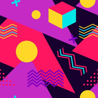 Memphis kusursuz desen. Geometrik elemanlar 80'li ve 90'lı yıllarda memphis. Ambalaj kağıdı, baskı, kumaş ve baskı için arka plan. Vektör çizimi