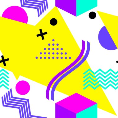 Memphis kusursuz desen. Geometrik elemanlar 80'li ve 90'lı yıllarda memphis. Ambalaj kağıdı, baskı, kumaş ve baskı için arka plan. Vektör çizimi