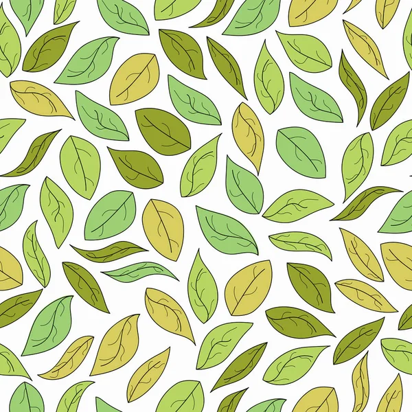 Modello senza cuciture di foglie verdi disegnate a mano. Sfondo autunnale. Illustrazione vettoriale — Vettoriale Stock