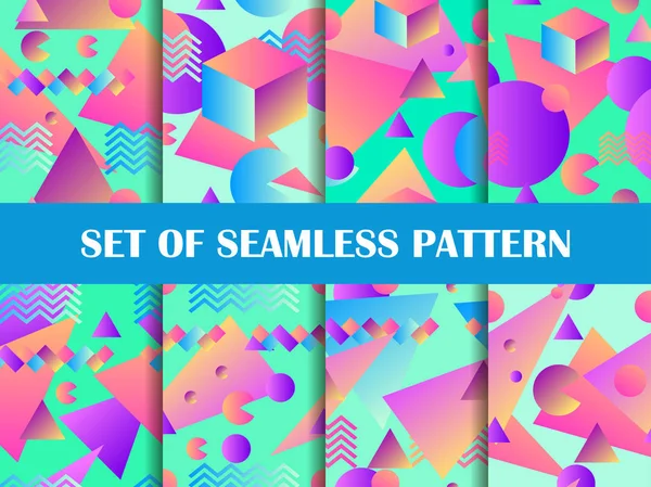 Conjunto de patrones sin costuras de Memphis. Formas geométricas con gradiente en el estilo de los años 80, isométricas. Ilustración vectorial — Archivo Imágenes Vectoriales