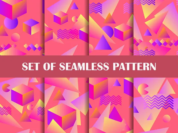 Conjunto de patrones sin costuras de Memphis. Formas geométricas con gradiente en el estilo de los años 80, isométricas. Ilustración vectorial — Vector de stock