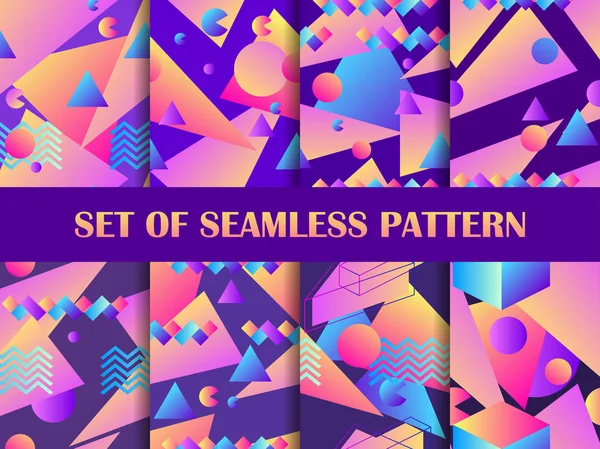 Memphis naadloze patroon set. Geometrische vormen met gradiënt in de stijl van de jaren ' 80, isometrisch. Vector illustratie — Stockvector