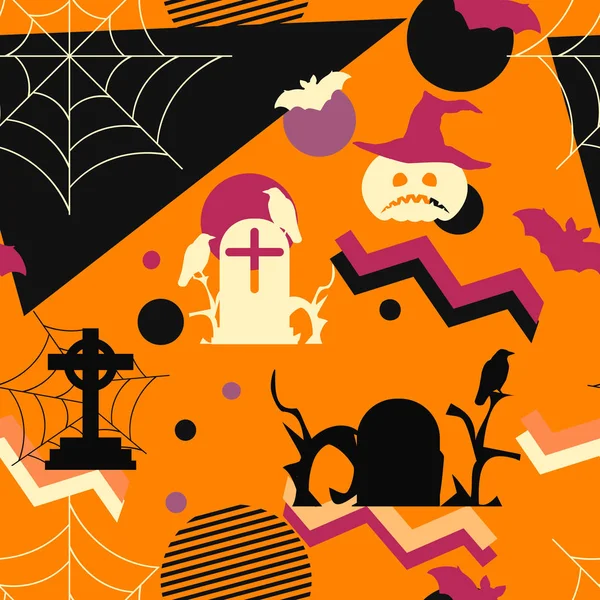 Halloween naadloze patroon in Memphis stijl, geometrische vormen. Enge pompoenen, grafstenen, vleermuizen en kraaien. Vector illustratie — Stockvector