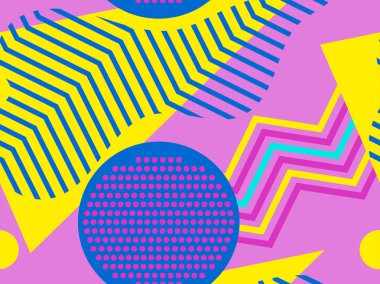 Memphis ve pop art tarzı geometrik dikişsiz desen. Nokta geometrik şekiller. Modern trend arka plan. Vektör çizimi