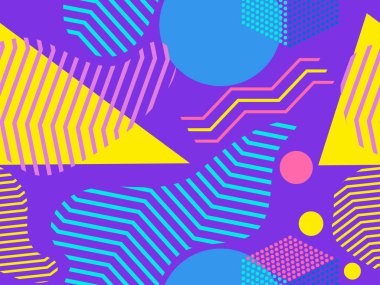 Memphis ve pop art tarzı geometrik dikişsiz desen. Nokta geometrik şekiller. Modern trend arka plan. Vektör çizimi