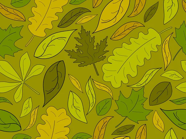 Автоматический узор без печати с листьями. Желтые опадающие листья, листья падают. Фон для упаковки бумаги, печати, ткани и печати. Векторная иллюстрация — стоковый вектор