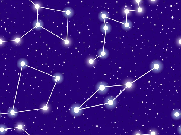 Céu estrelado sem emenda com as constelações de Leo Minor, Crater, Corvus e Lacerta. Conjunto de estrelas e galáxias. Espaço profundo. Ilustração vetorial —  Vetores de Stock