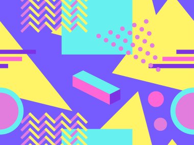 Memphis dikişsiz desen, 80s tarzında geometrik şekiller. Noktalar ve noktalı çizgiler. Vektör çizimi