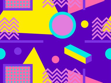 Memphis dikişsiz desen, 80s tarzında geometrik şekiller. Noktalar ve noktalı çizgiler. Vektör çizimi