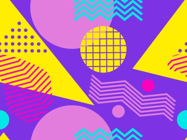 Memphis ve pop art tarzı geometrik dikişsiz desen. Nokta geometrik şekiller. Modern trend arka plan. Vektör çizimi