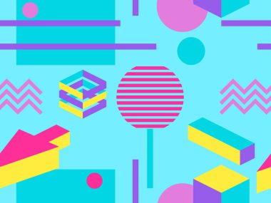 Memphis ve pop art tarzı geometrik dikişsiz desen. Nokta geometrik şekiller. Modern trend arka plan. Vektör çizimi