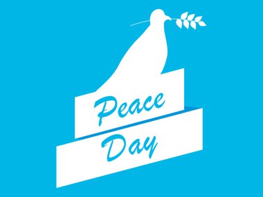 Barış günü. Düz bir tarzda mavi bir arka plan üzerinde zeytin dalı ile beyaz güvercin. Vektör çizimi