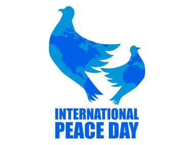 Uluslararası Barış Günü. Beyaz arka planda uçan güvercinler ile tebrik kartı. Vektör çizimi