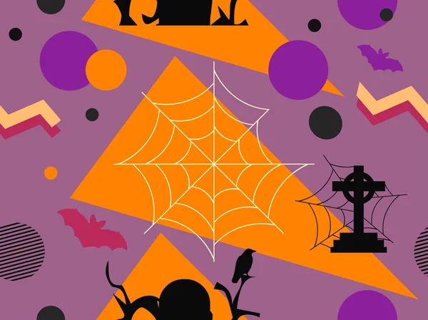 Halloween Memphis naadloze patroon. Geometrische vormen en vakantie symbolen, iconen. Moderne trendy achtergrond voor promotionele producten, inpakpapier en bedrukking. Vector illustratie — Stockvector