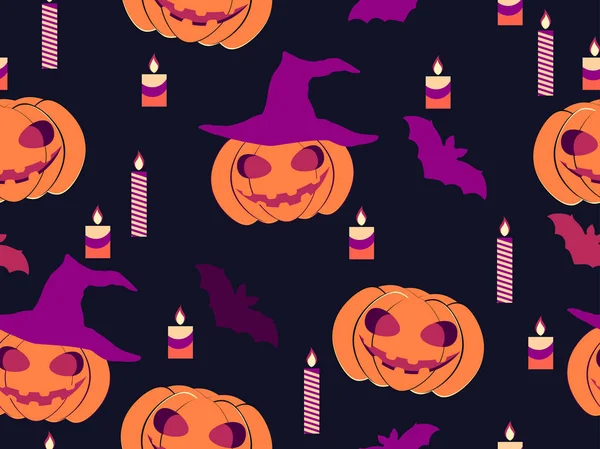 Modello senza cuciture di Halloween con zucche, candele e pipistrelli. Sfondo di celebrazione per materiali promozionali, carta da stampa e da imballaggio. Illustrazione vettoriale — Vettoriale Stock