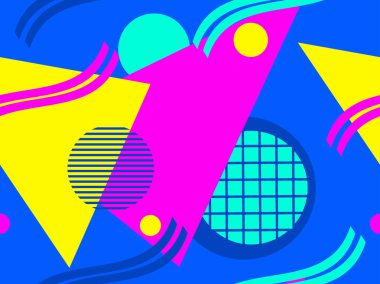 Memphis dikişsiz desen, 80s tarzında geometrik şekiller. Promosyon ürünleri, ambalaj kağıdı ve baskı için modern moda arka plan. Vektör çizimi