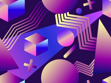 80s tarzıNda Memphis dikişsiz desen. Sıvı degradeli geometrik şekiller. Modern trend arka plan. Vektör çizimi