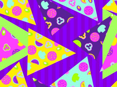 Pizza pop art elemanları ile zine kültür tarzı nda dikişsiz desen dilimleri. Düz 3d tasarım. Vektör çizimi